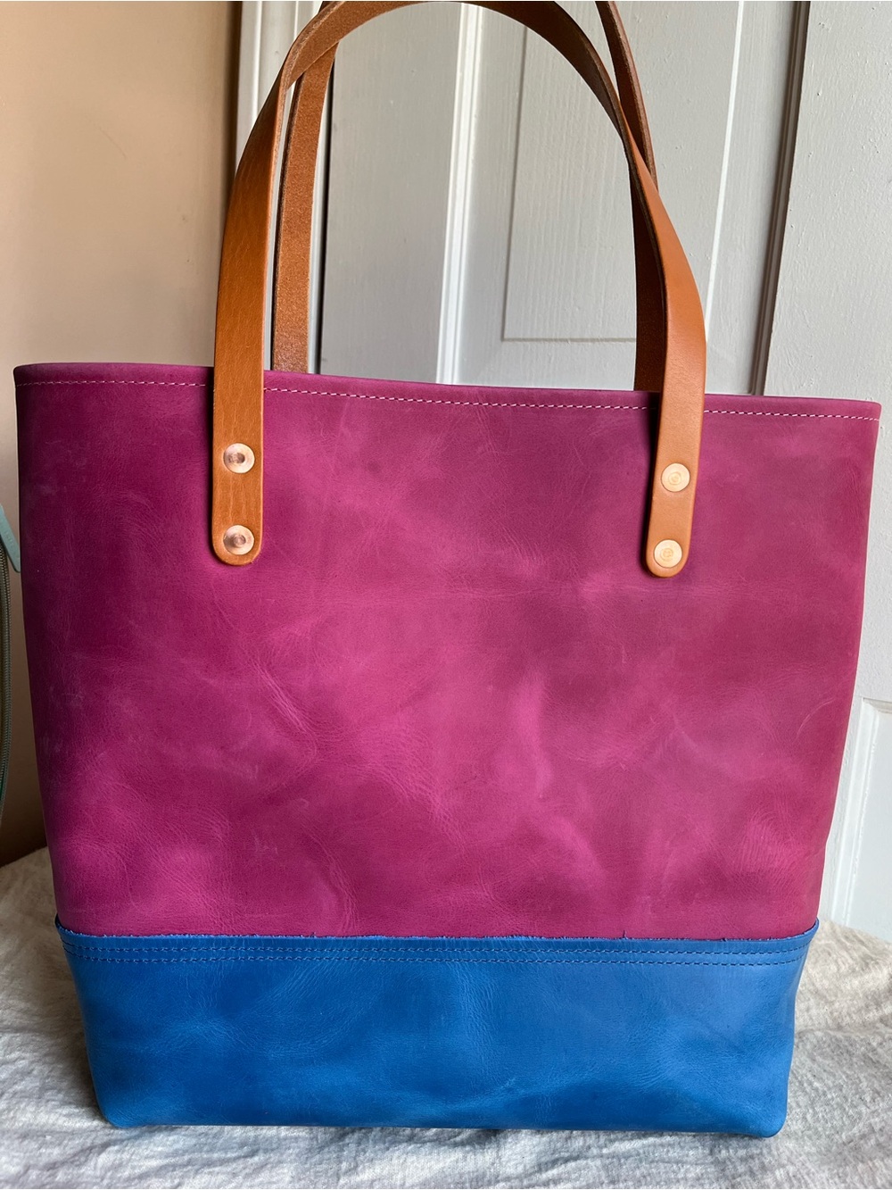 KMM & Co Pink and Blue Leather panel Tote with Tan Straps